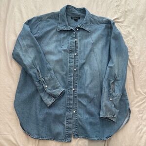 Something Navy Denim Pearl Button Shirt Blue Long Sleeve Casual Womens Top large